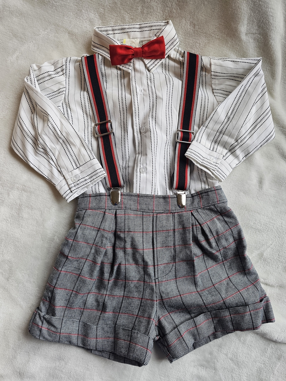 Vintage 90s Toddler Suspender Outfit Plaid Shorts Bow Tie Formal Set 2T